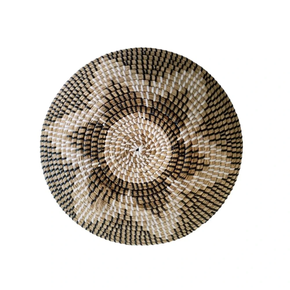 Handwoven Seagrass Coiled Wall Basket‎ Black White Spiral Boho Decor 14.5 Inch